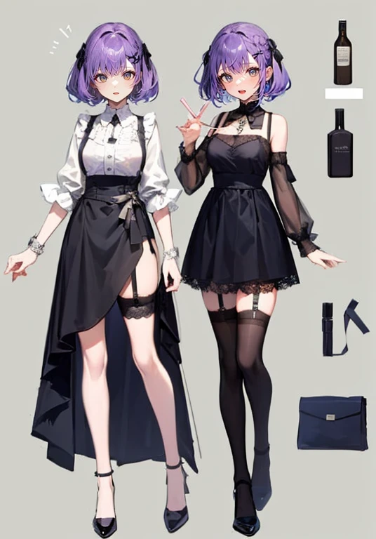 Purple Hair,Shortcuts,Adult female,(bartender),((Body Harness))((A shirt with the sleeves rolled up)),(corset),skirt,((garter belt)),High heels,((Simple Background)),smile,((Full Body)),((Full Body)),((whole body)),Character Sheet,(((upright)))