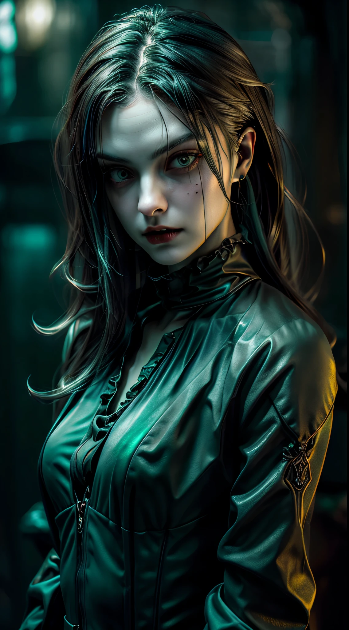 Beautiful young vampire woman, realistic and hyper - detailed renderings, stefan gesell, machine aesthetics, uhd image, dark white and turquoise, morbid, grim dark, wet, dark, very detailed, rendered in octane, wet, dense atmospheric, epic, dramatic, photorealistic, hyper ornate details, 32k, cinematic light