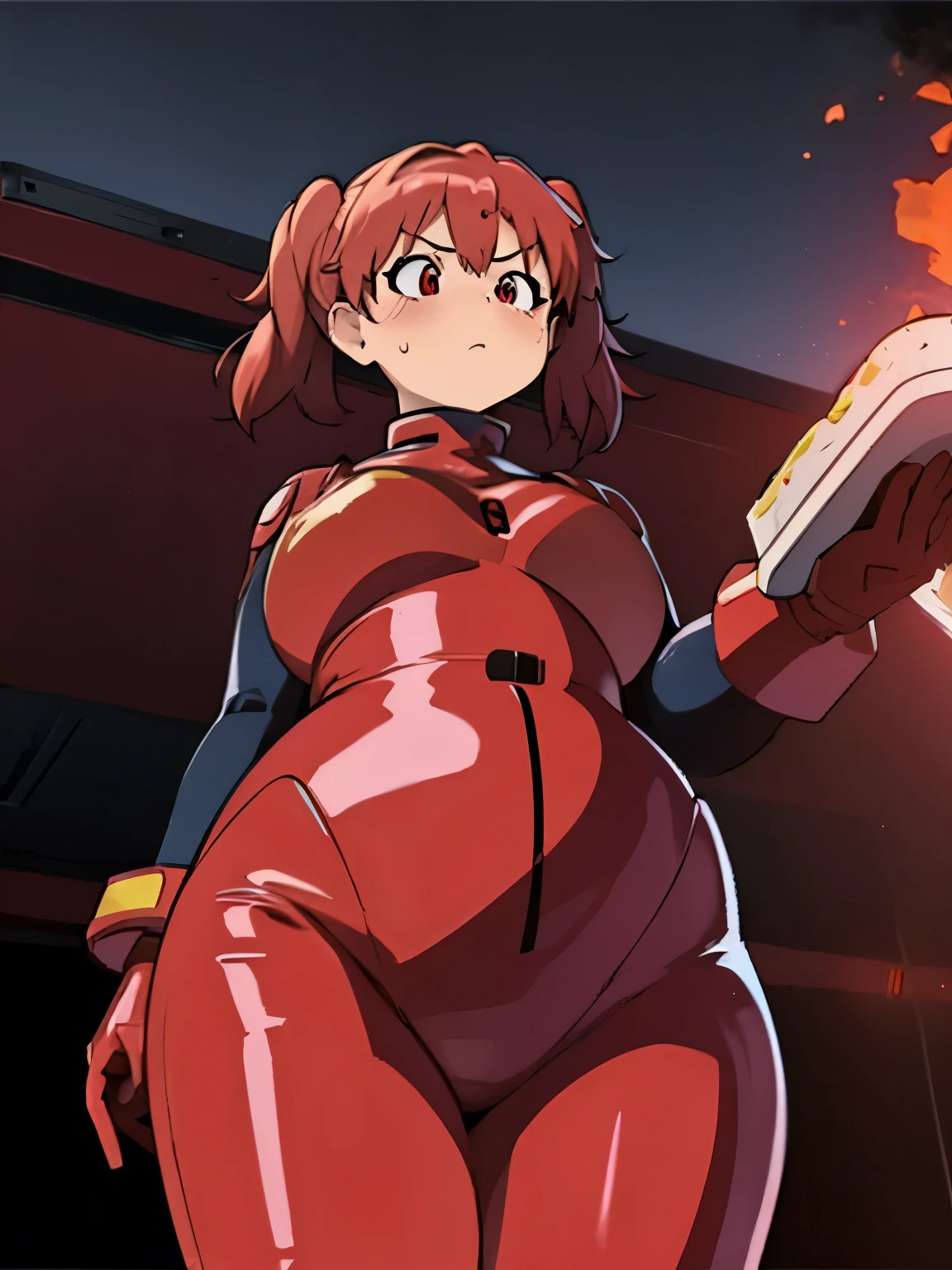 A girl wearing a red bodysuit, Big booty, Curvaceous loot, Red Hair,Red eyes,Muscular!!,Blushed,Troubled expression,steam,Sweat,Steam coming from the body,pigtails,BIG Boned,Red plug suit,gloves,turtleneck,locker room,Top view