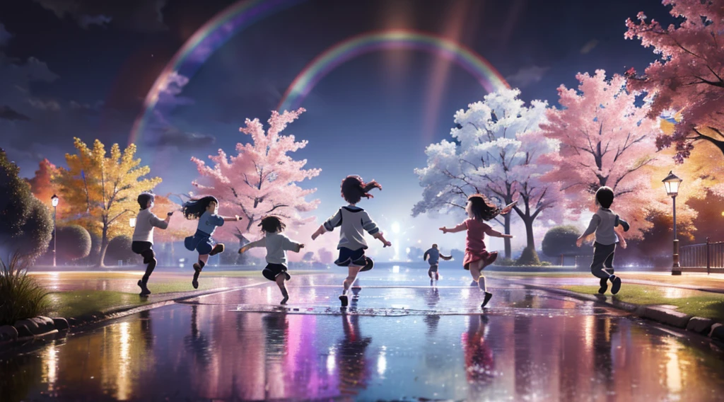 Produce an exciting anime masterpiece featuring the innocent joy of children as they splash around in a puddle. Emphasize the dynamic fun of the scene with the best possible HDR and UHD quality. Ensure the rainbow is a dazzling and prominent element, adding a touch of magic to the composition. Artists: Studio Ghibli (as studio reference), Akihiko Yoshida