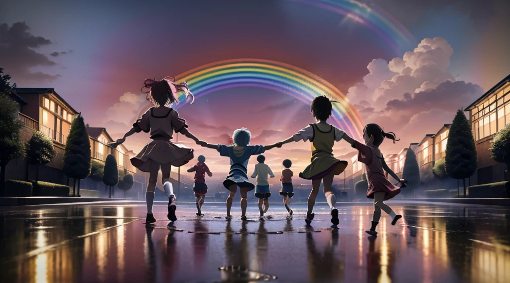 Produce an exciting anime masterpiece featuring the innocent joy of children as they splash around in a puddle. Emphasize the dynamic fun of the scene with the best possible HDR and UHD quality. Ensure the rainbow is a dazzling and prominent element, adding a touch of magic to the composition. Artists: Studio Ghibli (as studio reference), Akihiko Yoshida