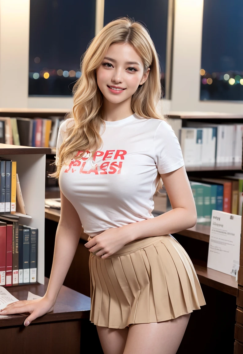 (((neat woman,Bright-eyed excitement,kind big smile,blush,blush,red cheek,please touch me,tempting viewer,i want you))),(all fours,hip higher),((((blush,red cheek)))),(cinematic lighting), (Photo real:1.4)、(A hyper-realistic:1.4)、(Photorealistic:1.3)、 (gentle lighting: 1.05)、(Improve the lighting quality of your video:0.9)、 32k、25years old woman、photorealistic lighting、Back lighting、Facial Lights、Ray Trace、(bright:1.2)、(Increase quality:1.4)、 (best quality real texture skin)、Fair eyes,delicate face、 Close-up of the face,  ((Wearing the printed high-neck t-shirt,(no printed pleated skirt),high-heel),(Bodyline mood improvement:1.1)、Glossy skin、Korean Idol、Nogizaka Idol、good figure,perfect anatomy,Beautiful actress,(((beautiful large breasts,slender waist,slender hip,long slender legs,8heads tall))),(((8heads tall))),(((blonde wavy hair,curtain bangs))),(((in the beautiful modern office of library,super clean night view,in the night))),