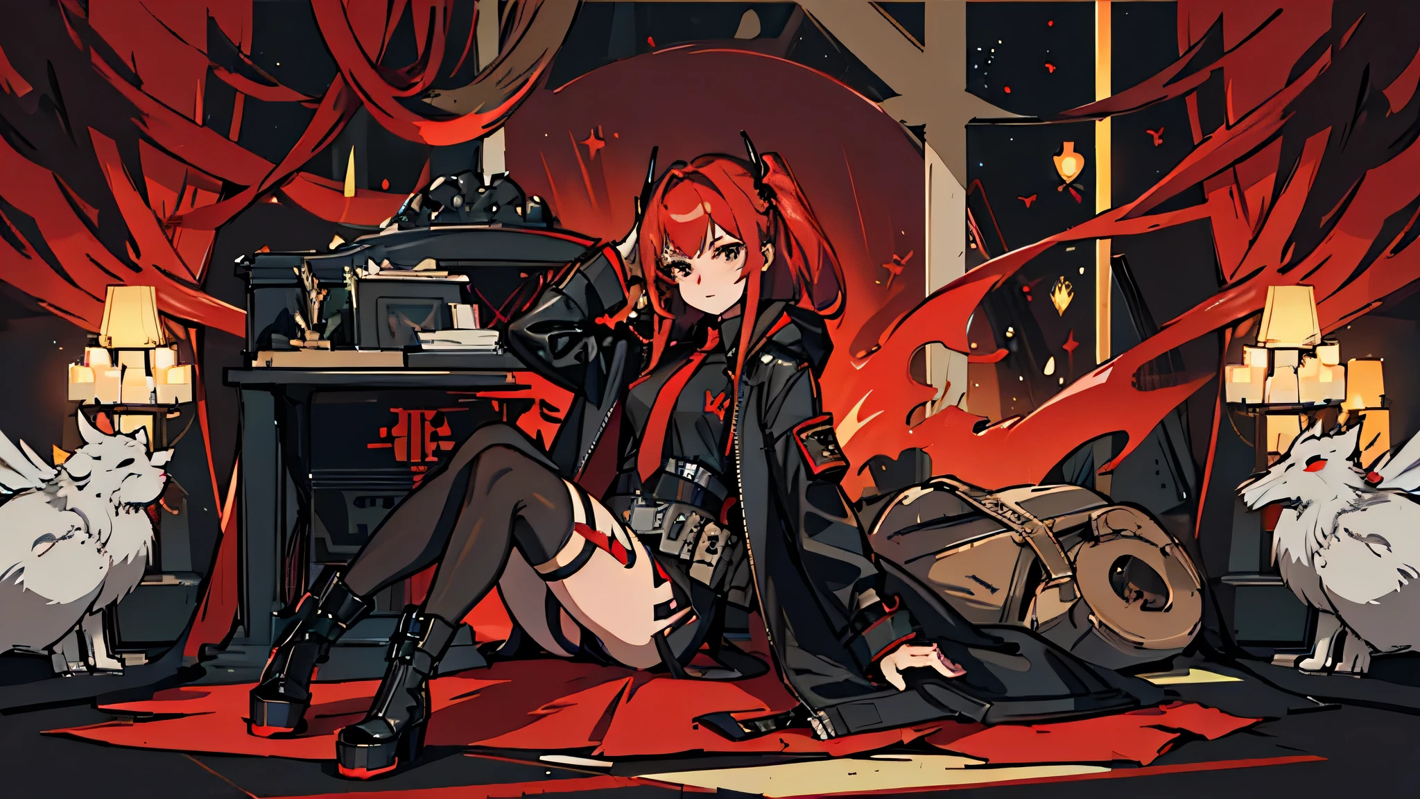 ((Best quality)), ((masterpiece)), (detailed:1.4), 3D, an image of a beautiful cyberpunk female, long burning red hair, burning hair, light brown eyes, Sharp eyes, Detailed Eyes, red Barret, Black Soldier Shirt, Black under cloth, black panty, Grenade belt, Big chest, Big thigh, High thigh black knee sock, full view of girl, black combat boot, red necktie, black glove, black combat suit, black jacket, black cloak, black panty, ammo belt, sitting on swinging chair, wide grassland as background, bright sky, evening time, outside, weapon, Barretta, Battle Rifle , 8k, high res,rapi nikke, HDR (High Dynamic Range),Ray Tracing,NVIDIA RTX,Super-Resolution,Unreal 5,Subsurface scattering,PBR Texturing,Post-processing,Anisotropic Filtering,Depth-of-field,Maximum clarity and sharpness,Multi-layered textures,Albedo and Specular maps,Surface shading,Accurate simulation of light-material interaction,Perfect proportions,Octane Render,Two-tone lighting,Wide aperture,Low ISO,White balance,Rule of thirds,8K RAW,