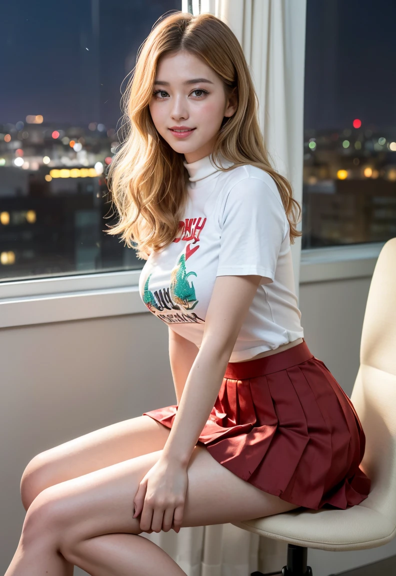 (((neat woman,Bright-eyed excitement,kind big smile,blush,blush,red cheek,please touch me,tempting viewer,i want you))),(all fours,all fours,hip higher),((((blush,red cheek)))),(cinematic lighting), (Photo real:1.4)、(A hyper-realistic:1.4)、(Photorealistic:1.3)、 (gentle lighting: 1.05)、(Improve the lighting quality of your video:0.9)、 32k、25years old woman、photorealistic lighting、Back lighting、Facial Lights、Ray Trace、(bright:1.2)、(Increase quality:1.4)、 (best quality real texture skin)、Fair eyes,delicate face、 Close-up of the face,  ((Wearing the printed high-neck t-shirt,(no printed pleated skirt),high-heel),(Bodyline mood improvement:1.1)、Glossy skin、Korean Idol、Nogizaka Idol、good figure,perfect ???????,Beautiful actress,(((beautiful large breasts,slender waist,slender hip,long slender legs,8heads tall))),(((8heads tall))),(((blonde wavy hair,curtain bangs))),(((in the beautiful modern office of library,super clean night view,in the night))),