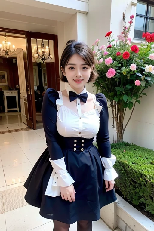 (Super detailed, 8k, original photo, best quality), HD RAW color photography, Professional photography, (Practical, Photographic Realism:1.37),1 girl, Movie Lighting, (Delicate face:1.2), (best quality:1.2), Ultra detailed background,Cowboy shooting, (Happy smiling face:1.4),Upper Fang, (Looking at the audience:1.2),(slim:1.2), (Willow Waist:1.2), (Large Breasts:1.35),Showing cleavage, (cleveage:1.2),elegant, Gorgeous,gothic ta,(Short Bob Hairstyle:1.2),whole body, bow tie, (detailed Maid:1.2),crepe_Fabric_detailed_clothing, Puffs_long_detailed_sleeve, Luxury mansion in the background, in, Indirect lighting, floor lamp, Many beautiful flowers in luxurious vases, Create an atmosphere of luxury., Marble Flooring, Decorative wall, rest ,William Morris, arts and crafts movement, Complex Mode, Design inspired by nature, Wallpaper Art, Textile creations, British tradition