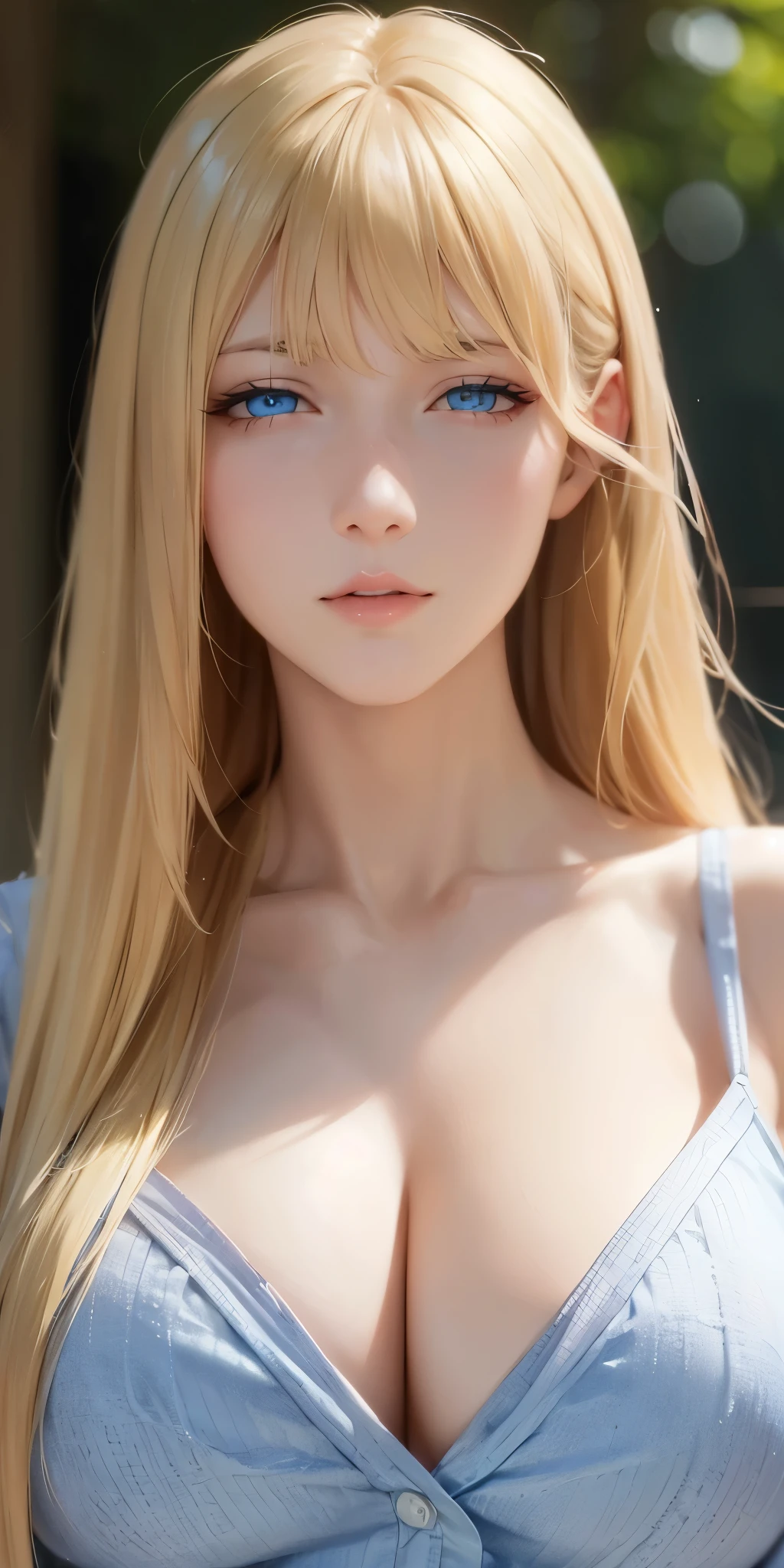 Upper body, elegant, adult woman, long neck, long blonde hair, bangs, casual shirt, cleavage, blue eyes, soft light, high quality, 4k resolution