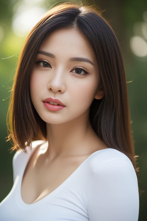((Best quality, 8k, Masterpiece :1.3)),  ultra realistic, real life textures, photorealistic shot, of a gorgeous asian model, posing in naughty. Sharp focus,Whole body, Long legs, Sharp focus :1.2, A pretty woman with perfect figure :1.4, Slender abs :1.1, ((Dark brown layered hair, Bulge big breasts :1.2)), (White skinny tight tshirt, v neck t-shirt :1.2) , Highly detailed face and skin texture, Detailed eyes, Double eyelid, bokeh background 