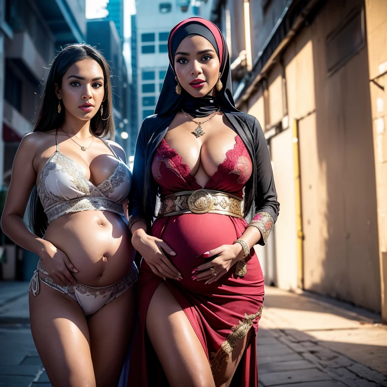 Hijab Malaysian girl pregnant 9 month,Largest Baby Bump pregnant, Largest , Big pregnant Belly, Big Pregnant girl, Largest Belly of Pregnant, Beautiful woman, beautiful face, pregnant, long hair, black hair, realistic, ultra-detailed, big breast, malay, The whole body consists of a young girl with hijab, Eye makeup, 21yo, Cat ears, Soft lighting, groups, Wear shabby clothes, Dirty, Tattered futuristic military uniform, Cat's paw badge, Pose, spot color, rendering by octane, Ultra-realistic intricate details, Cinematic, 8K resolution, 70mm, emphasis lightings, (((Huge breast)))(((wearing sexy kebaya))) PERFECT HIJAB & Sexy kebaya dress (((2 girls:1.5, girls standing))) Setting background: Basquiat graffiti wall background,Graffiti artist, urban walls, spray paint cans, bold colors, rebellious strokes, street gallery, artistic , night shadows, public expression, aerosol mastery, layered stencils, cultural messages, graffiti tags, creative risks, vibrant visuals, underground recognition, impactful designs, urban transformation. Art by Mschiffer (((Red lips))) (((only: pubic hair is hairy:1.3))) (((wearing a Sexy belt design by LV))) Full Naked & nude, bride very fit physique (38D breast:1.3) , (((Woman with hijab style, hijab and kebaya dress)), (lace stockings), (((Wearing: diamond necklace and earrings))). RAW photo, full sharp, detailed face (high detailed skin:1.2), 8k uhd, dslr, soft lighting, high quality, film grain, Fujifilm XT3, (extremely beautiful face, sexy lips, beautiful red lips, Clear eyes, beautiful eyes), (big green eyes), pretty girl, face forward, intricate detail face, ((ultra detailed skin)) (skin texture, film grain), Detailed beautiful face, natural tpose, natural facial expression, (((large breasts))),