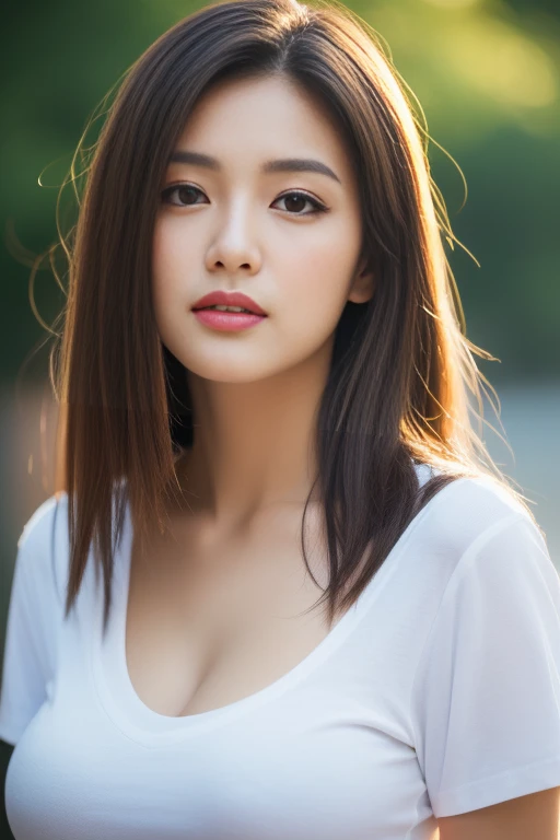 ((Best quality, 8k, Masterpiece :1.3)), ultra realistic, real life textures, photorealistic shot, of a gorgeous asian model, posing in naughty. Sharp focus, full body shots , Long legs, Sharp focus :1.2, A pretty woman with perfect figure :1.4, Slender abs :1.1, ((Dark brown layered hair, Bulge big breasts :1.2)), (White skinny tight tshirt, v neck t-shirt :1.2) , Highly detailed face and skin texture, Detailed eyes, Double eyelid, bokeh background