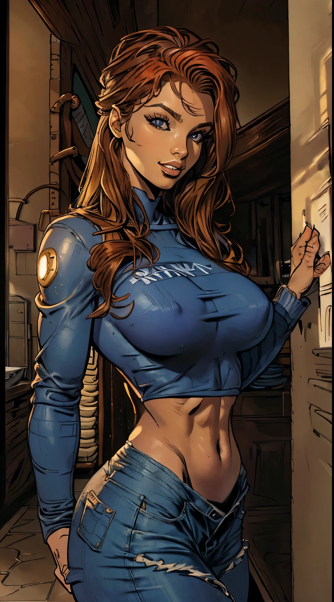 Foto hiper-realista em close de Emily Sears , obra de arte, melhor qualidade, (fotorrealista:1.4), corpo todo, (red1 top super curto de manga comprida luxuoso:1.2) e (short curto rasgado:1.2), sala, stone floor, Cinematic Light, Mulher bonita, quadril largo, quadril com 105cm, cintura fina, cintura com 60cm, ????? enormes, silicone 700ml, ????? com silicone, cabelo liso, rosto detalhado, sorriso, photo taken from a distance, ??????? marcando a blusa, no ?????, no ????, olhos focados no telespectador, rosto perfeito, olhos alinhados e perfeitos, olhos grandes, nariz pequeno e arrebitado, boca linda