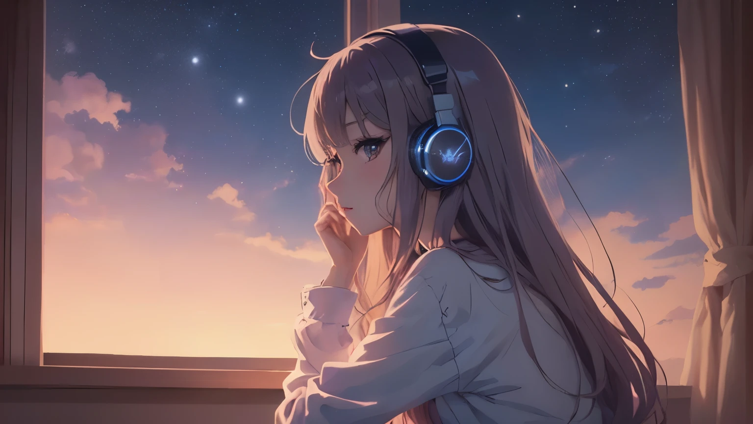 anime girl With headphones sitting on bed looking out window, Nightcore, Anime atmosphere, 長い髪のAnime Girls, Anime Style 4k, Anime Aesthetics, Anime Girls, Beautiful Anime girl, Anime Background, With headphones, 4k anime wallpaper, Beautiful Anime, Ilya Kuvshinov with long hair, Beautiful Anime portrait, Anime Girlsのプロフィール, 若いAnime Girls