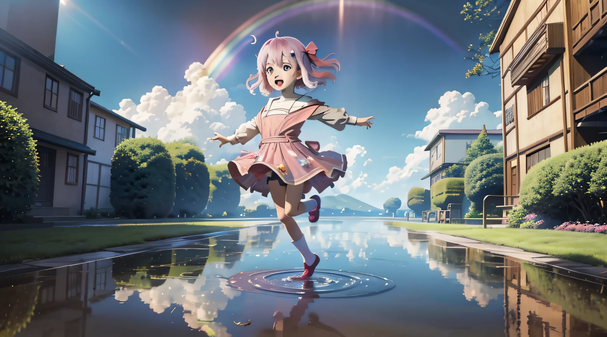 Produce an exciting anime masterpiece featuring the innocent joy of children as they splash around in a puddle. Emphasize the dynamic fun of the scene with the best possible HDR and UHD quality. Ensure the rainbow is a dazzling and prominent element, adding a touch of magic to the composition. Artists: Studio Ghibli (as studio reference), Akihiko Yoshida