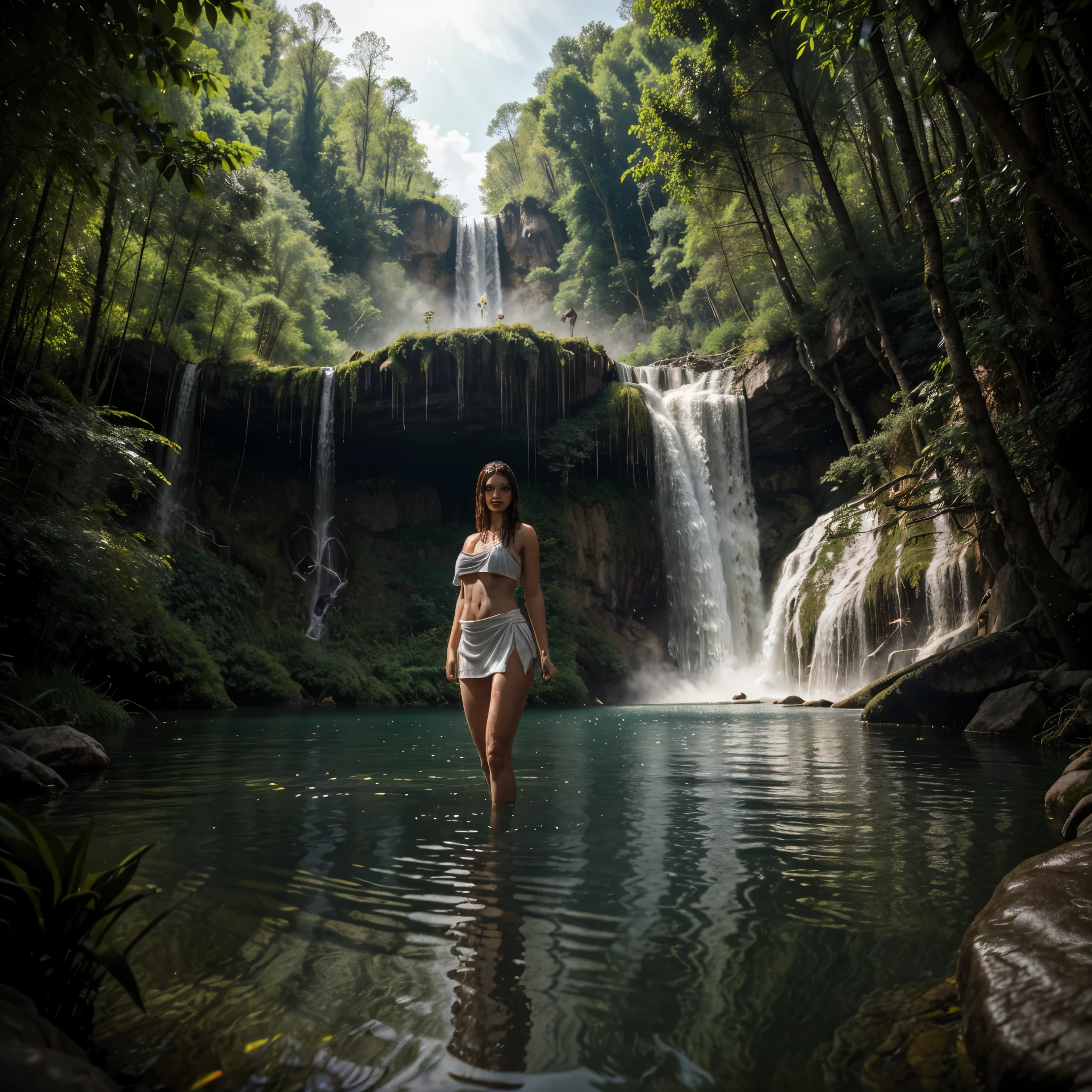 (YES SFW). goddess from Waters, Spanish makeup, Red lips, big breasts, medium body, wrap a towel, body towel wrap, white towel, thigh, bodytowel, Looking at the viewer, stand, pose standing, lakes, (((view of the lake in the middle of the forest, waterfall))), rainfall, sunlight. Ultra photoreal shot. ((a woman) emerges from deep water), High details, Backlit. Diffuse lights. Viewed from afar. Dutch angle. realistic hands, wide angle. Isometric, green fog in cave, smoke around