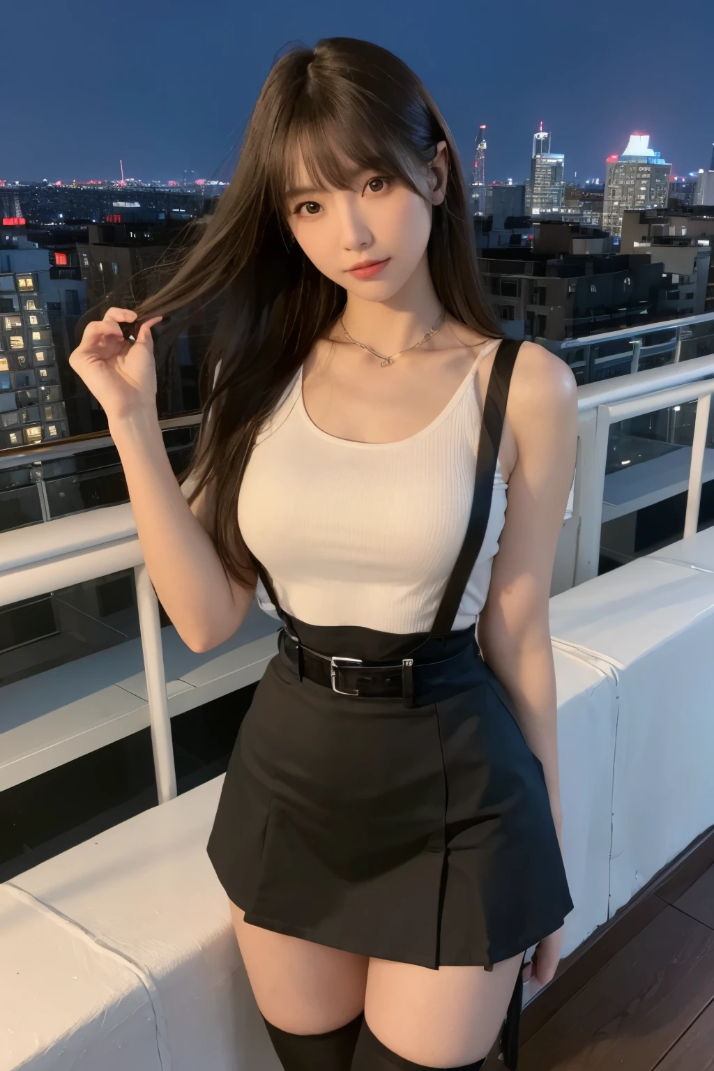 ((Midnight, highest quality, 8k, masterpiece :1.3)), whole body, Long legs, Sharp focus :1.2, Beautiful woman with perfect figure :1.4, Slim Abs :1.1, ((Dark brown hair, Big Breasts :1.2)), (White tight T-shirt, Jean Bib, Are standing:1.2), ((Night city view, rooftop:1.3)), Very detailedな顔と肌の質感, Fine grain, Double eyelids one girl,highest quality,masterpiece,figure,Very delicate and beautiful,CG,Unity,8k wallpaper,wonderful,In detail,masterpiece,Official Art,Very detailed CG Unity 8k wallpaper,Incredibly absurd,Large file size,Very detailedな,High resolution,Very detailed,Beautiful detailed girl,Realistic,from the front,Outdoor, suspenders Large swollen breasts Black mini skirt garter belt Knee-high socks bangs Beauty Hands up Black boots one person Dress shirt Hands Behind Back put your hands behind your back Hands behind back Armament holster A room at the Belt Hotel Bed Wall side