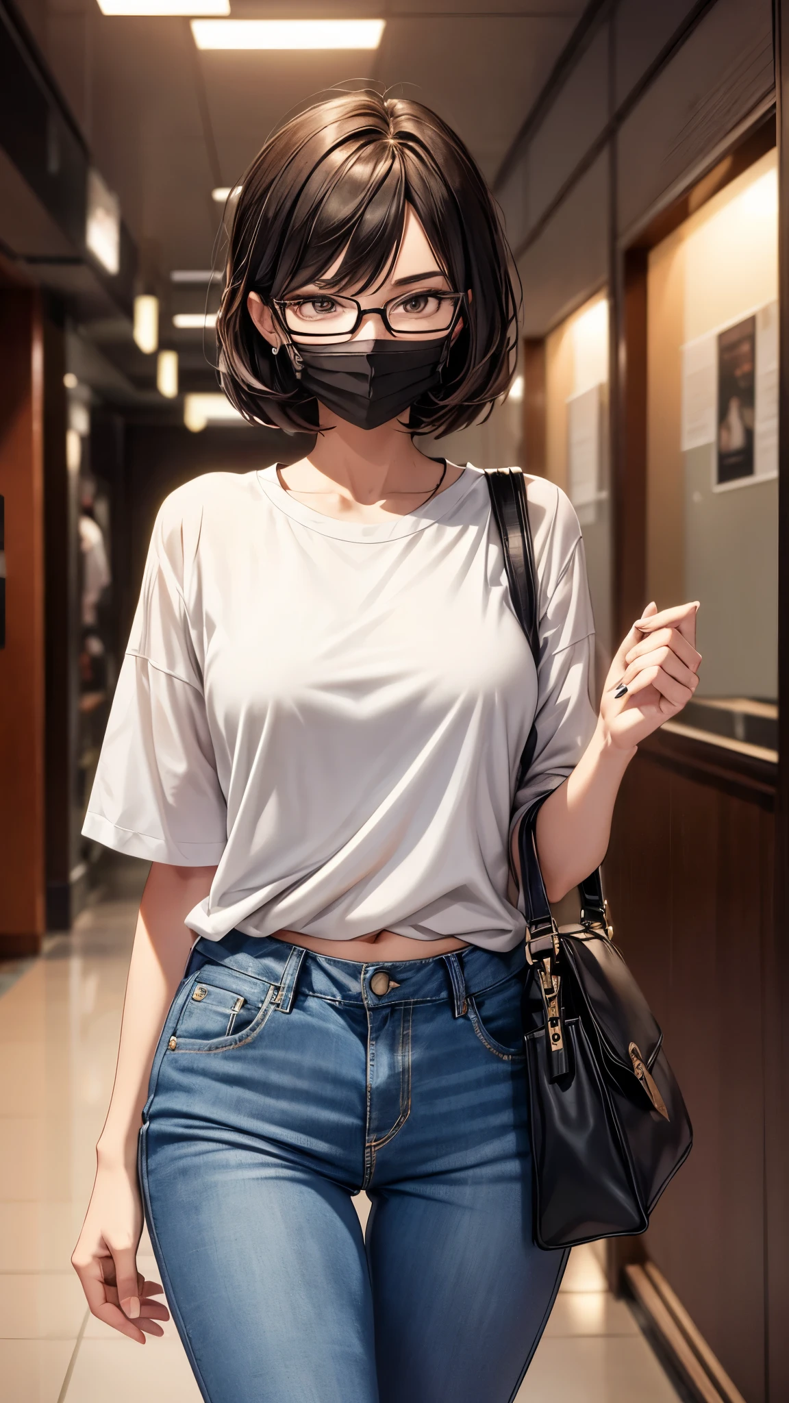 Hotel at night,Inside the room,whole body,30-year-old woman,Slender body,She is wearing heavy makeup,She wears glasses,Brown short bob hair,anger,Glare,Severe,(She is wearing a mask,She has a shoulder bag,Y-shirt,Denim Leggings,sneakers)