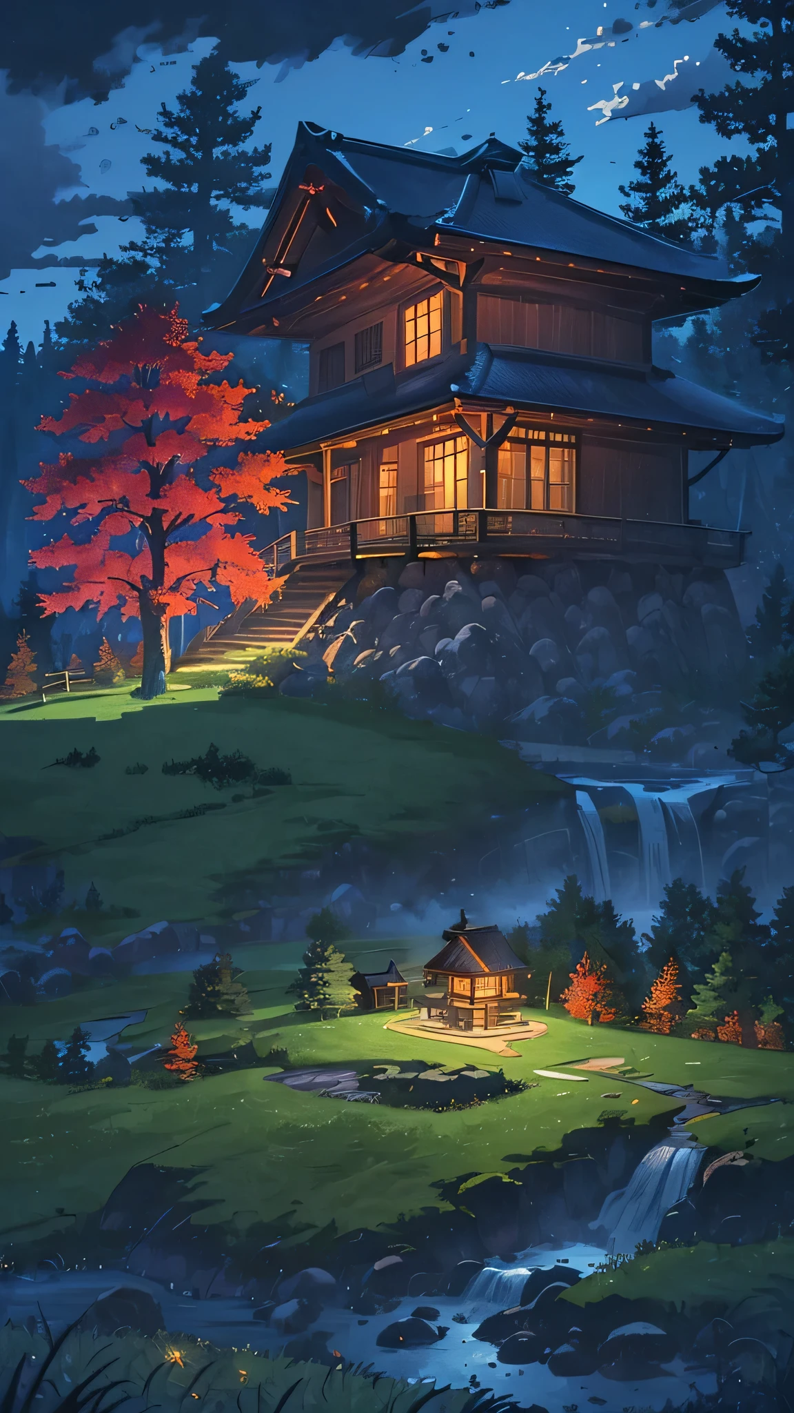 Anime night scenery
BREAK (masterpiece, best quality:1.2), outdoors, nature, glowing forest, pines, grass, tall grass, detailed grass, plants, night, clouds, dark blue sky, red maple trees, wood house from distance, full moon, waterfalls, autumn , cars
