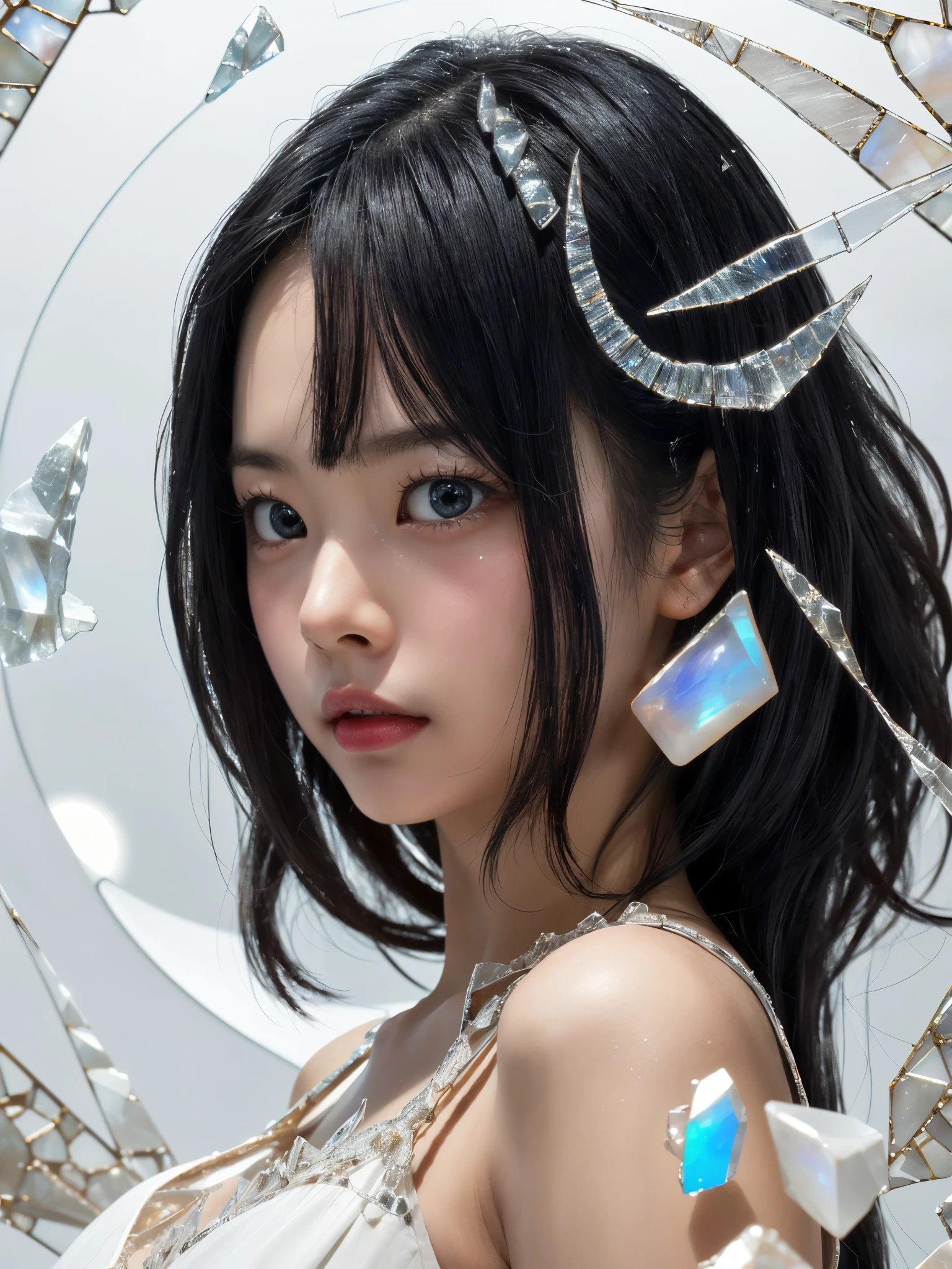 (1girl:1.3), japanese, (****, cute:1.2), straight messy medium black hair, mole, large breasts, black eyes, (tareme, v-shaped eyes), short eyebrows, wide eyes, bangs, broad nose, puffy cheeks, BREAK, (super intricate details fractal glass art:1.3), glassware, 3d digital art, (realistic:1.3), (glass fragment:1.3), deconstructive, installation art, geometric art, sharp focus, ((Fresh background, soft light effect: 1.2)), Commercial photograph, elegant color profile, (white moonstone:1.3),