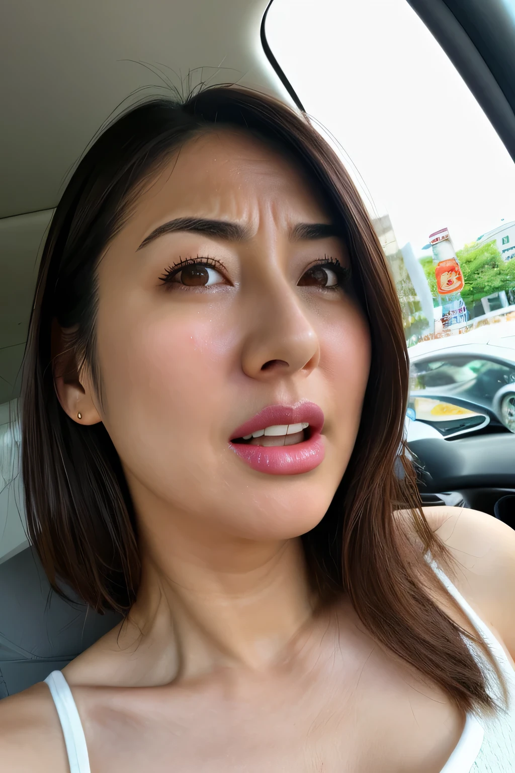 Beautiful Japanese actresses,1 girl,Flying debris,,Award-winning photo, Very detailed, Keep your eyes clearly focused, Nose and mouth,Face Focus, Extreme close up of face、 Age 35,Brown Hair、Symmetrical face,Realistic nostrils、Angle from below、Elongated C-shaped nostrils NSFW,(Sharp Nose)Sweaty skin、Shiny skin,(Brow wrinkles))（Cum on tongue)、Deep Kiss、((Thin eyebrows))Oily skin、glistening shining skin、double eyelid、、Beautiful woman、Medium Hair、Shortcuts、Tank top、(((armpit))),Suka can see the sky、Shibuya Center Street、(((Show your side,pov)))Inside the TAXI,raised eyebrows, (((mouth hold, frown, crazy, grimace))), textured skin,Long upper arms,crying with eyes open, blush, drunk, frown, grimace, endured face,remote controller, remote control,