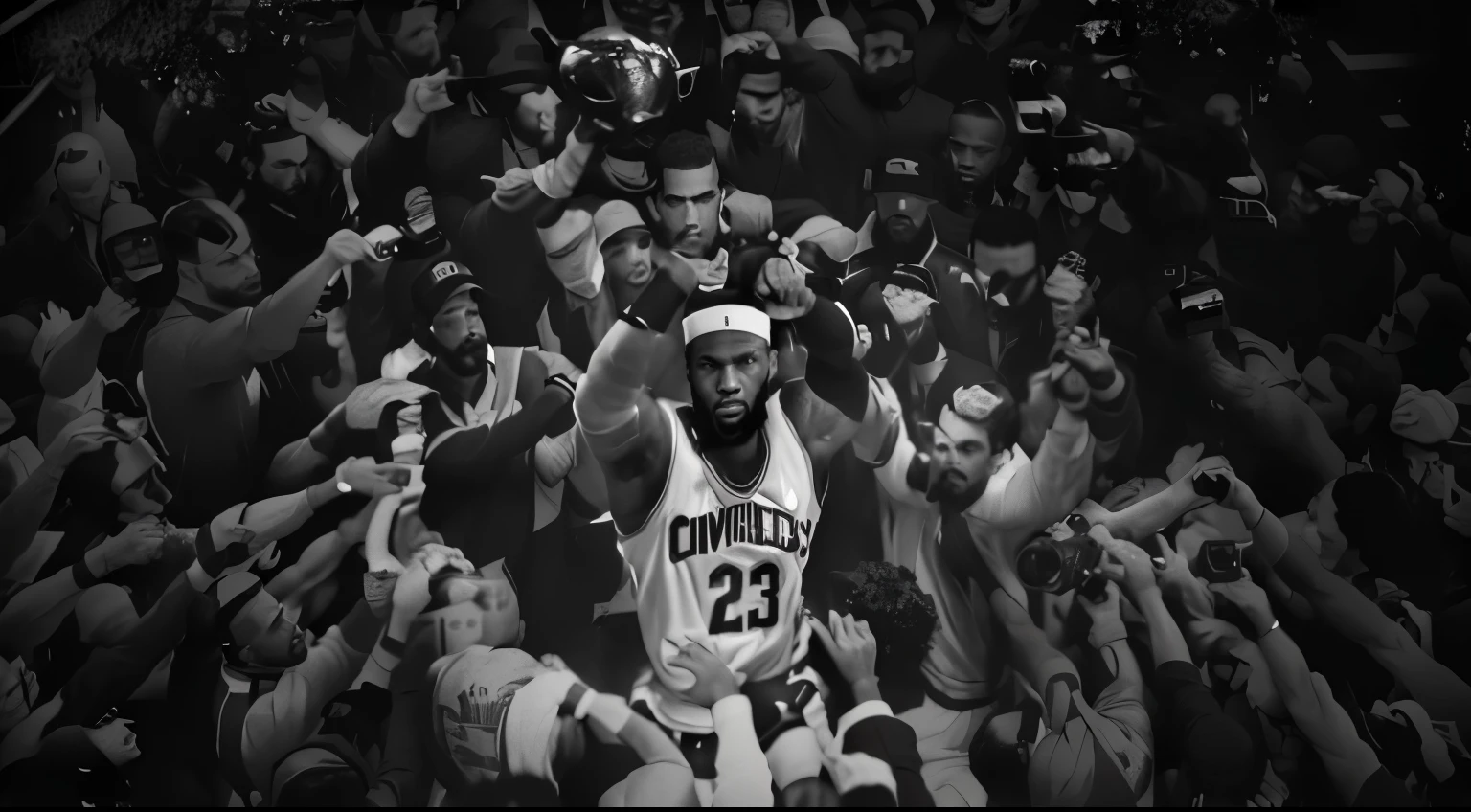 a black and white photo of a man in a crowd of people, lebron james, lebron james as che guevara, portrait of lebron james, james lebron, lebron james in gta v cover art, victory lap, neil leifer, standing triumphant and proud, the nba finals, lebron james solemn at tea , holding the larry o'brien trophy