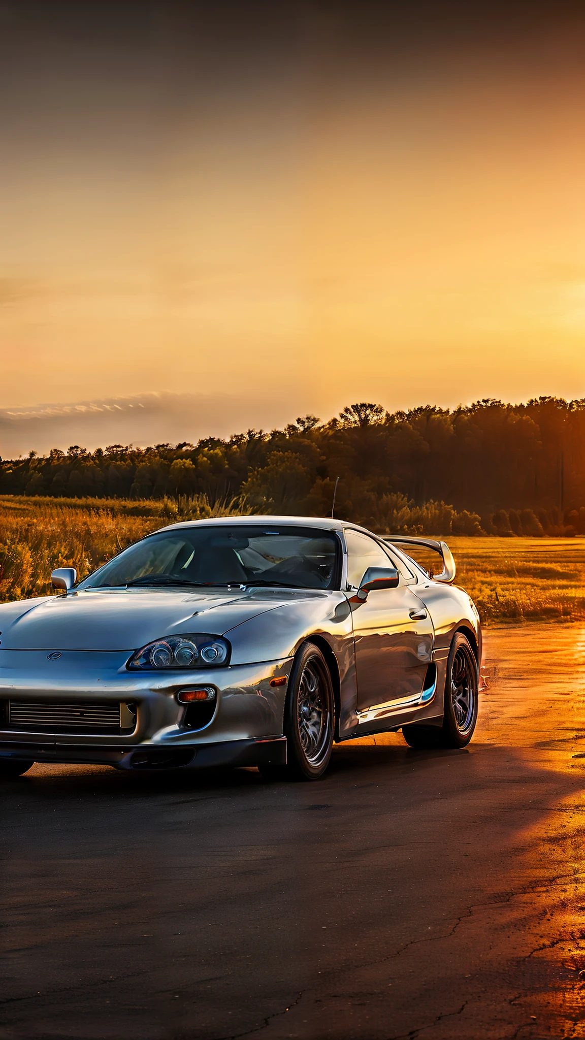 With high definition images, a captivating scene from a movie unfolds as Paul Walker, clad in his iconic racing attire, sits firmly behind the wheel of a silver Skyline GT-R. The engine roars to life, the exhaust emitting a powerful, fiery plume of smoke. The sun sets in the backdrop, casting a warm orange glow over the race track. The Revlimiter wail of the Skyline echoes across the deserted landscape, as Paul's eyes intently focus on the finish line. The vibrant colors of the sunset blend seamlessly with the sleek curves of the GT-R, creating a breathtaking and dynamic image that encapsulates the essence of