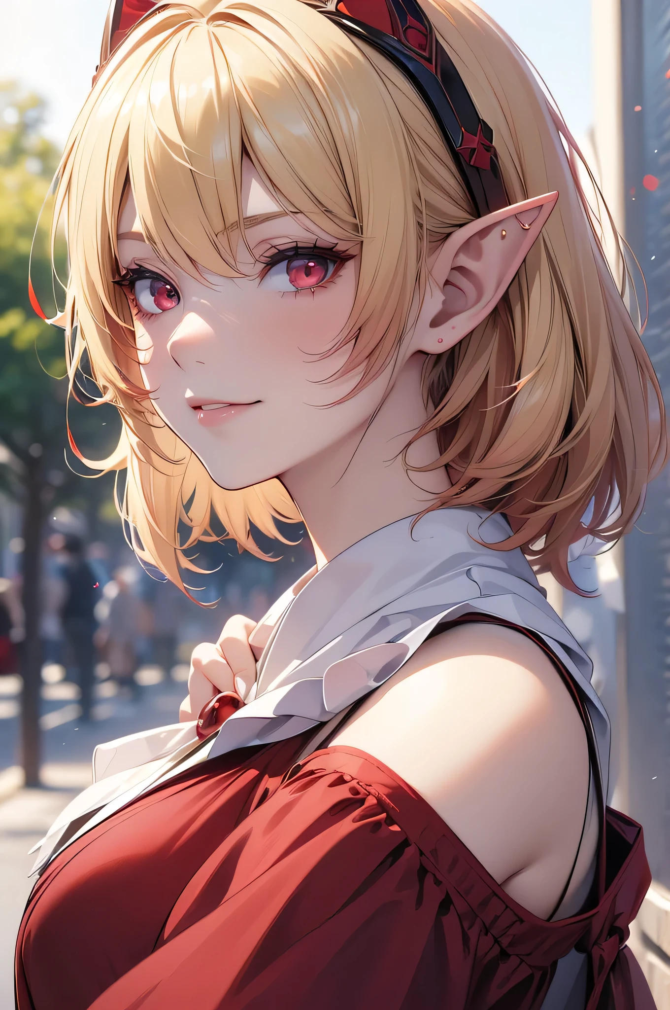 absurdres, (8k, RAW photo, best quality), masterpiece, hyper detailed, perfection, best quality, photo-realistic, (((1girl:1.2))), (((blond girl))), (((solo:1.2))), elf, elf ears, (((blond shortcut hair))), (((burgundy hair ends))),  (((scarlet red eyes))), (slanted red eyes, tsurime), blond eyebrows, (portrait:1.34), face shot, full-length:1.5, (((fashion model pose))), at schoolyard, daylight, amazing shadow, close-up, (evil smile), (((face close-up)))