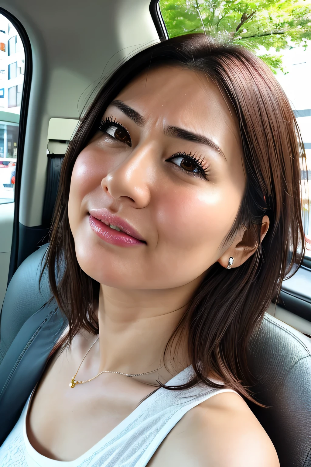 Beautiful Japanese actresses,1 girl,Flying debris,,Award-winning photo, Very detailed, Keep your eyes clearly focused, Nose and mouth,Face Focus, Extreme close up of face、 Age 35,Brown Hair、Symmetrical face,Realistic nostrils、Angle from below、Elongated C-shaped nostrils NSFW,(Sharp Nose)Sweaty skin、Shiny skin,(Brow wrinkles))（Cum on tongue)、Deep Kiss、((Thin eyebrows))Oily skin、glistening shining skin、double eyelid、、Beautiful woman、Medium Hair、Shortcuts、Tank top、(((armpit))),Suka can see the sky、Shibuya Center Street、(((Show your side,pov)))Inside the TAXI,raised eyebrows, (((mouth hold, frown, crazy, grimace))), textured skin,Long upper arms,crying with eyes open, blush, drunk, frown, grimace, endured face