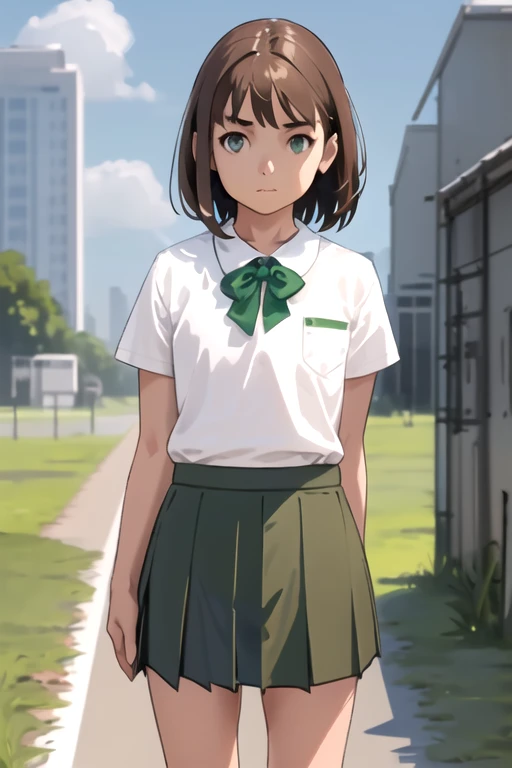 1girl, solo, standing upright, (from front:2), medium brown hair,  closed mouth, small breasts, flat chest, arms behind back, white shirt, dark green skirt, pleated skirt, blue sky,