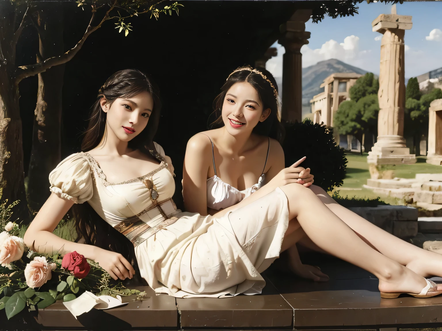 full body portrait or statue、Giorgione painting style,Arguments of two female Philosophe,math、astronomical machine、astronaut、roses in vase、fruits、Cute trinkets、smile、ancient greek costume、Ancient Roman landscape in the style of Nicolas Poussin,laughter,,Sweet and seductive appearance.、Caravaggio's paintings、Chiaroscuro of Caravaggio、hair tousled by the wind,Two women frolicking,cute smile, expression of ecstasy,Sexy,erotic, 
