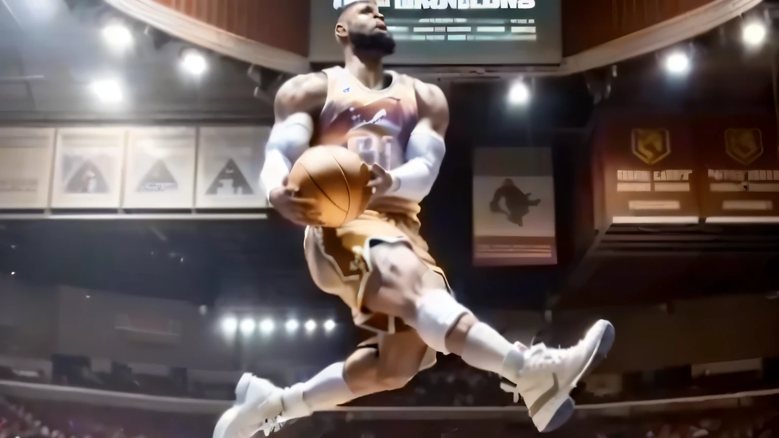 a close up of a man in a basketball uniform jumping in the air, lebron james, james lebron, 3d statue!!!, incredible masterpiece, in an action pose, trending on dribble, as an action figure, first 4 figures, physicality-based render, scence of slam dunk, hyperrealistic masterpiece, hyper realistic content, crucifixion of conor mcgregor