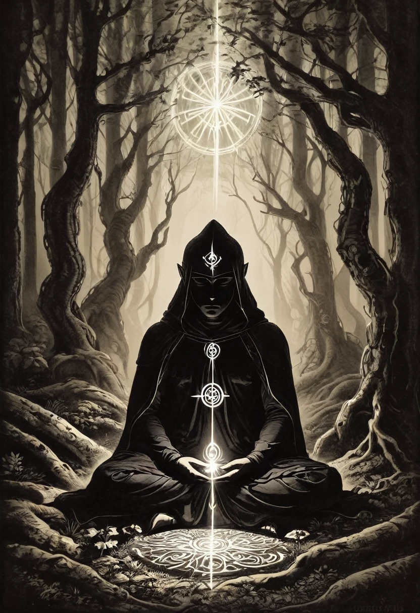 A dark, mysterious figure meditating in a shadowy forest with glowing runes surrounding them.