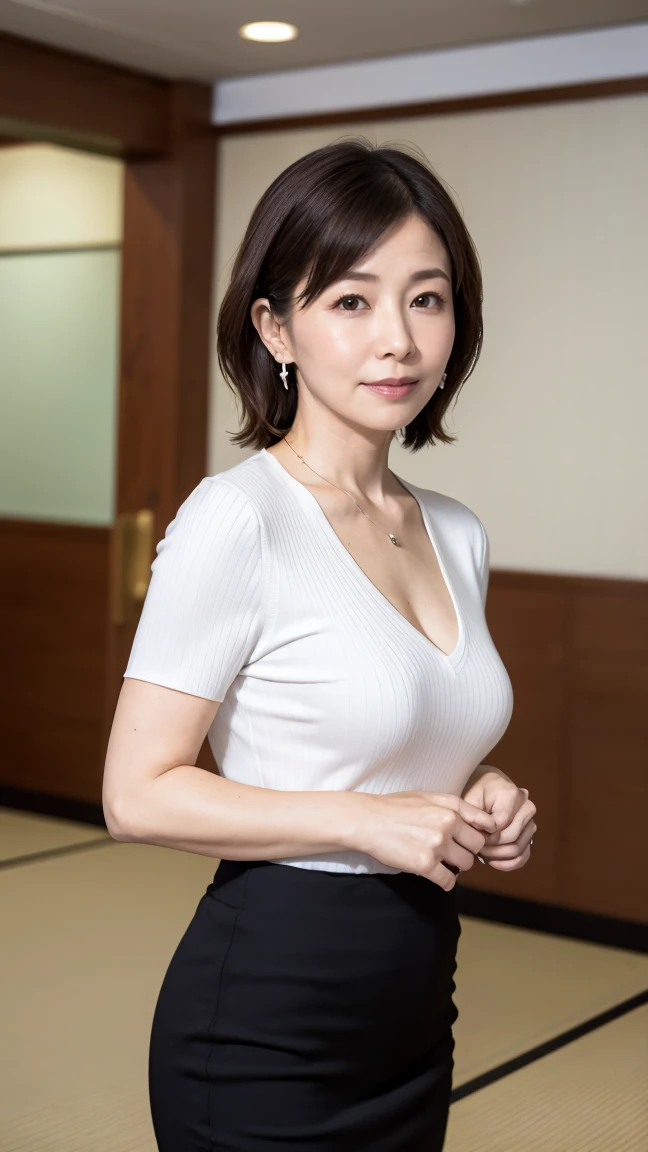 High resolution, highest quality, masterpiece, Textured skin, Anatomically correct, sharp, (((Full body photo))), (Shooting from the side), (Alone in the hotel lobby), (Walking), ((Japanese Mature, 42 years old)), Nasolabial folds, Black straight hair, Medium Hair, (Chubby body type:0.9), Shapely small breasts, (Looking at the camera), Serious expression, (Business look), ((teacher)), Ribbed sweater, V-neck, Short sleeve, Formal tight skirt, pumps, necklace, Earrings