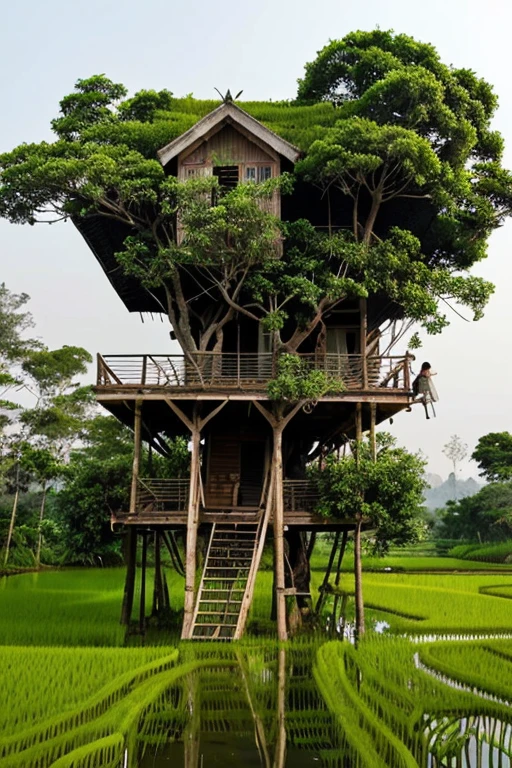 Perfection The Coolest tree house  in the middle of the rice fields with flowers in front of the house and trees on both sides of the house