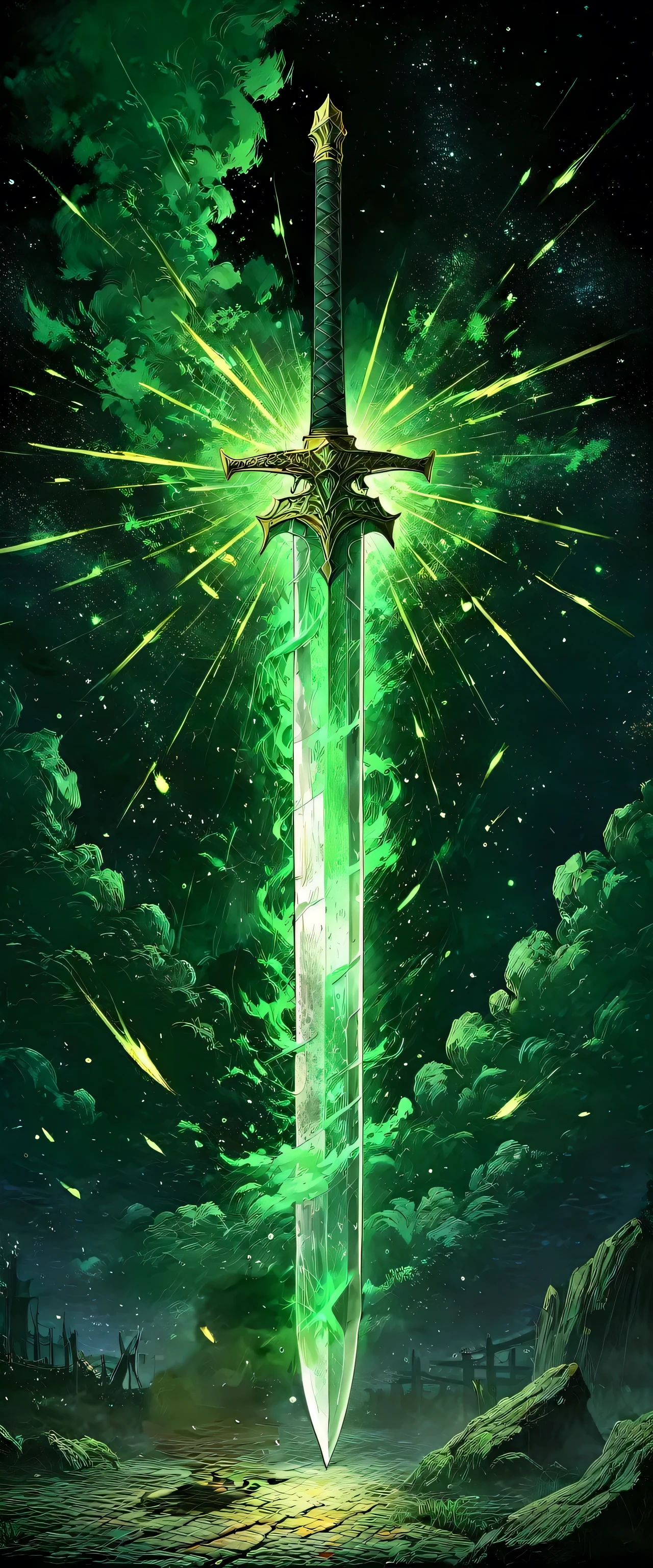 Night, starry sky, traditional media, a sword, full body: 1.5, dazzling giant sword, white smoke emitting from black background, great writing, (black background), conceptual art, painting, magic, painted by professional artists in the modern art style of Manuel Fernandes Garcia, masterpiece, awarded for its beauty, bright colors, obvious pinch marks, 32k