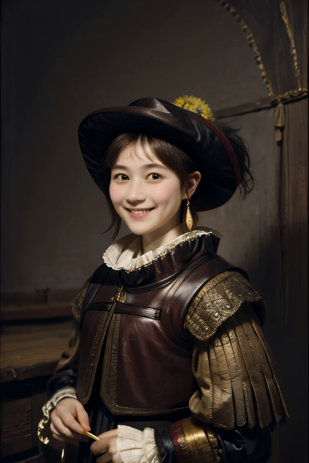 221 Short Hair, 20-year-old woman, A kind smile, (Luxurious stables), (Rembrandt-style painting), (Focus on the face, Written boundary depth)