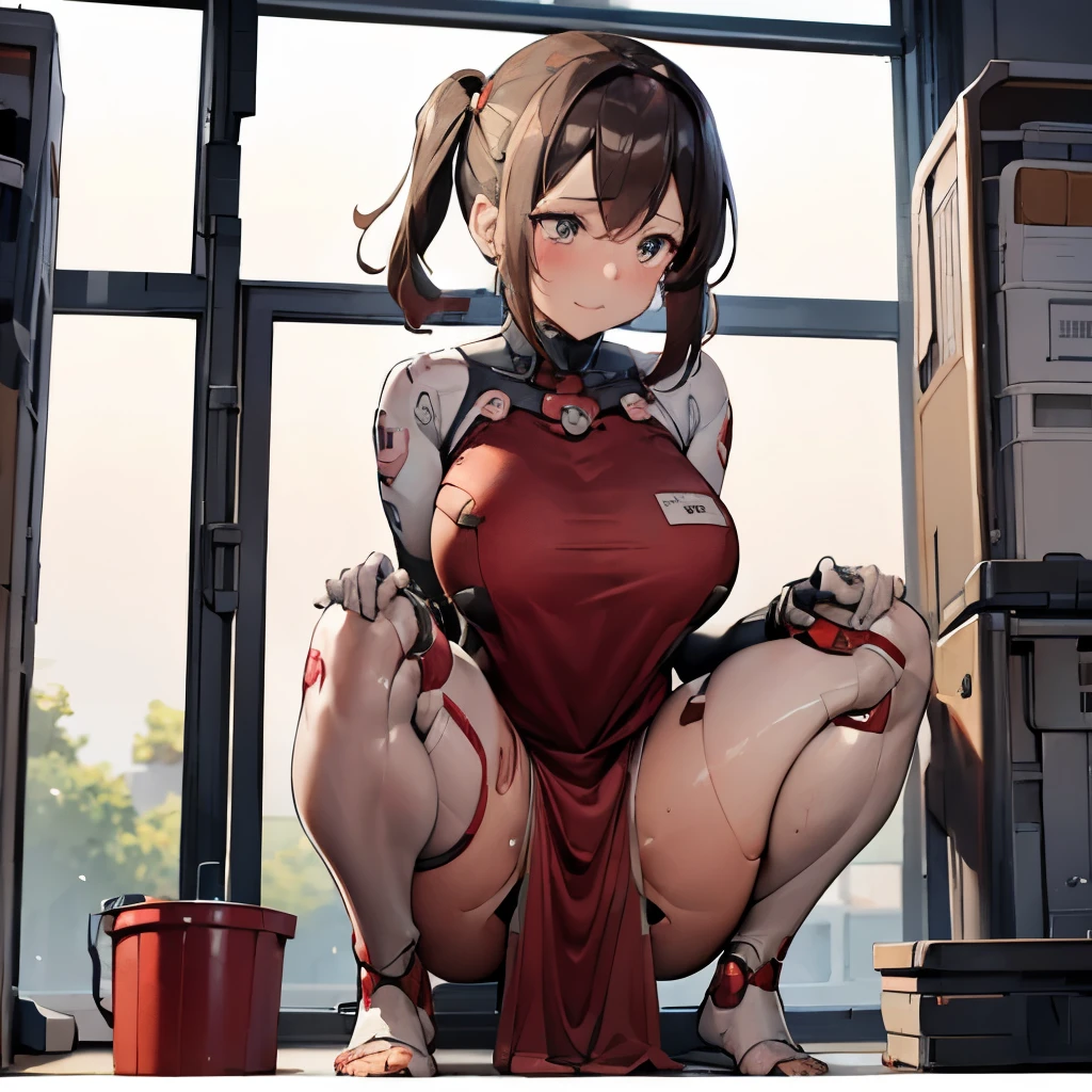 A Female robot is sleeping in a fridge, spread legs, nude, banzai pose. she wears no dress. She Brown short hair is tied with two big red clothespins, She lifts up the under hem of her white plain dress, leaning over, masterpiece, very short pigtails,brown hair, mature, android, blue eyes, full body figure, Height: 160cm, flushed cheeks, 2020s anime picture, A beautiful robot with short brown hair in two short pigtails held up by two very large huge red clothespins, Uplifting, No NSFW, whole body, barefoot, archaic smile, getting orgasm, 25 years old, sweat bucket. robot skin.