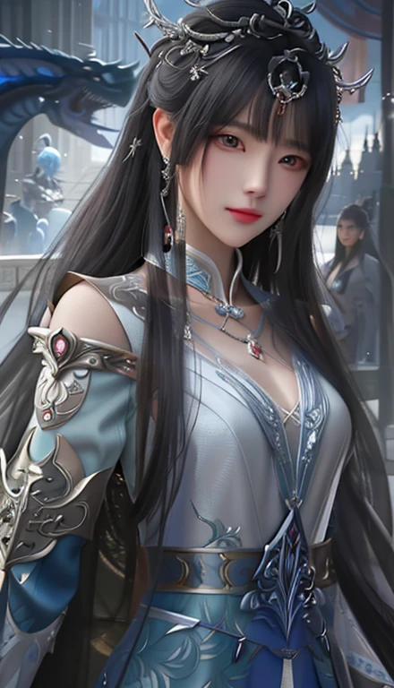 Woman in silver dress，with sword and dragon, Beautiful character drawings, by ヤン・J, author：Fan Chi, Fantasy art style, author：Zhou Fang, Digital fantasy art ), Inspired by Woo Bin, author：Zhou Wenjing, author：Nguyen Family、Stanley Artgarm, Magnificent and elaborate character art, Full Body Shanxia, Beautiful Fantasy Empress