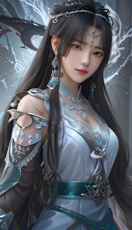 Woman in silver dress，with sword and dragon, Beautiful character drawings, by ヤン・J, author：Fan Chi, Fantasy art style, author：Zhou Fang, Digital fantasy art ), Inspired by Woo Bin, author：Zhou Wenjing, author：Nguyen Family、Stanley Artgarm, Magnificent and elaborate character art, Full Body Shanxia, Beautiful Fantasy Empress
