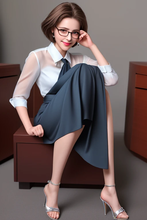 8k,(RAW Photos, highest quality), (Realistic, Photo Realistic: 1.3), highest quality, Very detailed, masterpiece, Beauty,1 person,Charm, 20-year-old, ((Stick your butt out:1.3)),Perfect makeup, Very beautiful face, Very beautiful body,Gentle expression, Very beautiful eyes,(Perfect Makeup:1.1), (((Very beautiful fine hair))),(Short Bob Hair), Ash Brown Hair:1.3, Very thin body,Smart Abs,formal clothes,dark blueブレザー,Midi Skirt, white see-through blouse, Black stiletto heels,A kind smile,Full body portrait,office, Black Boston Glasses,