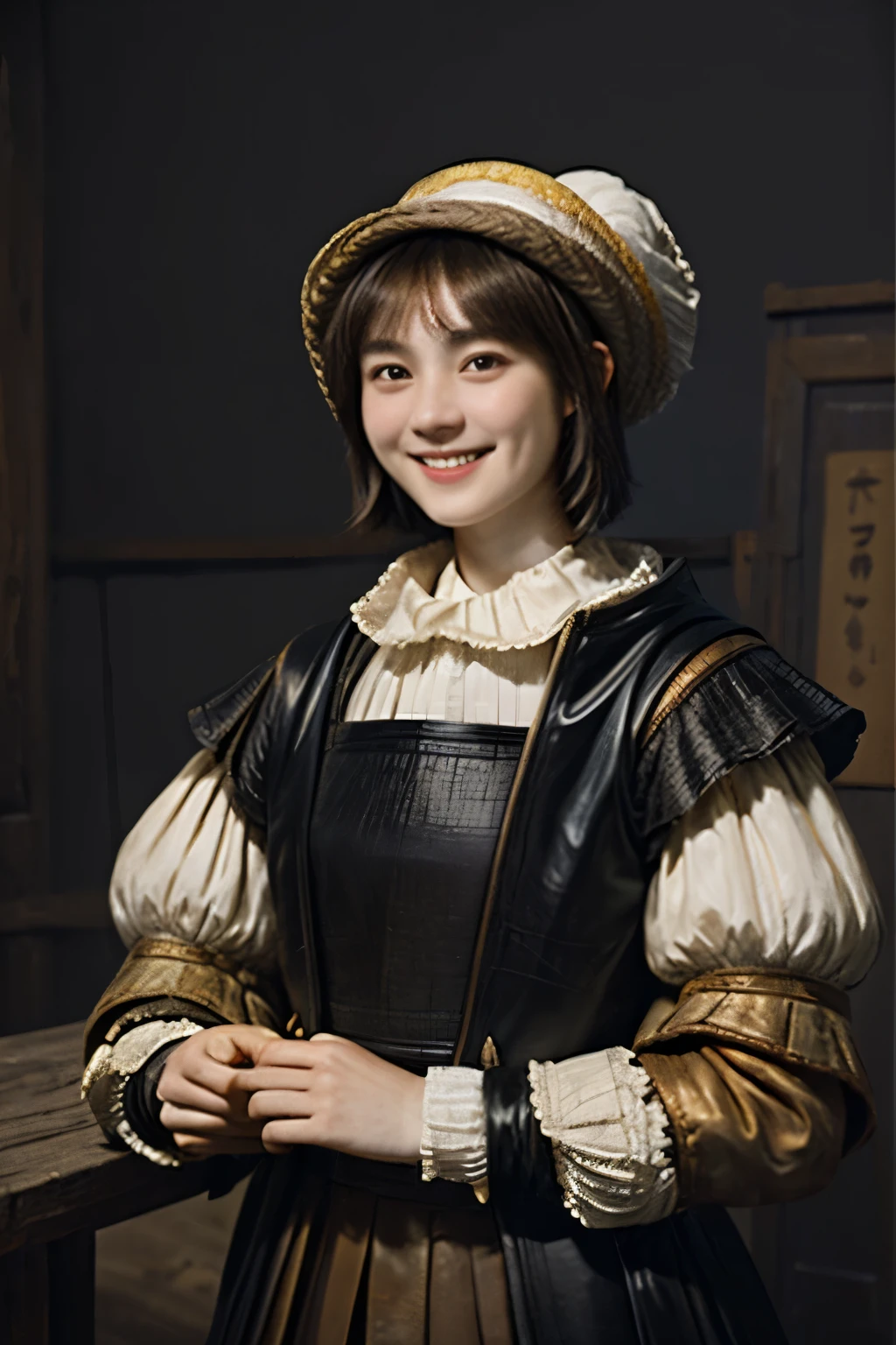 221 Short Hair, 20-year-old woman, A kind smile, (Luxurious stables), (Rembrandt-style painting), (Focus on the face, Written boundary depth)