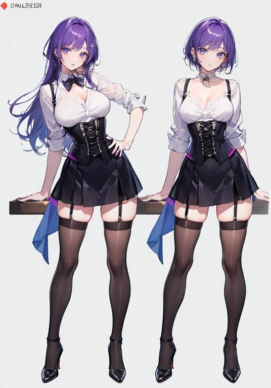 Purple Hair,Shortcuts,Adult female,(((bartender))),((Body Harness)),((Rolling up your sleevesＹshirt)),(corset),mini skirt(Short skirt),((garter belt)),High heels,((Simple Background)),smile,((Full Body)),((full body)),((whole body)),Character Sheet,