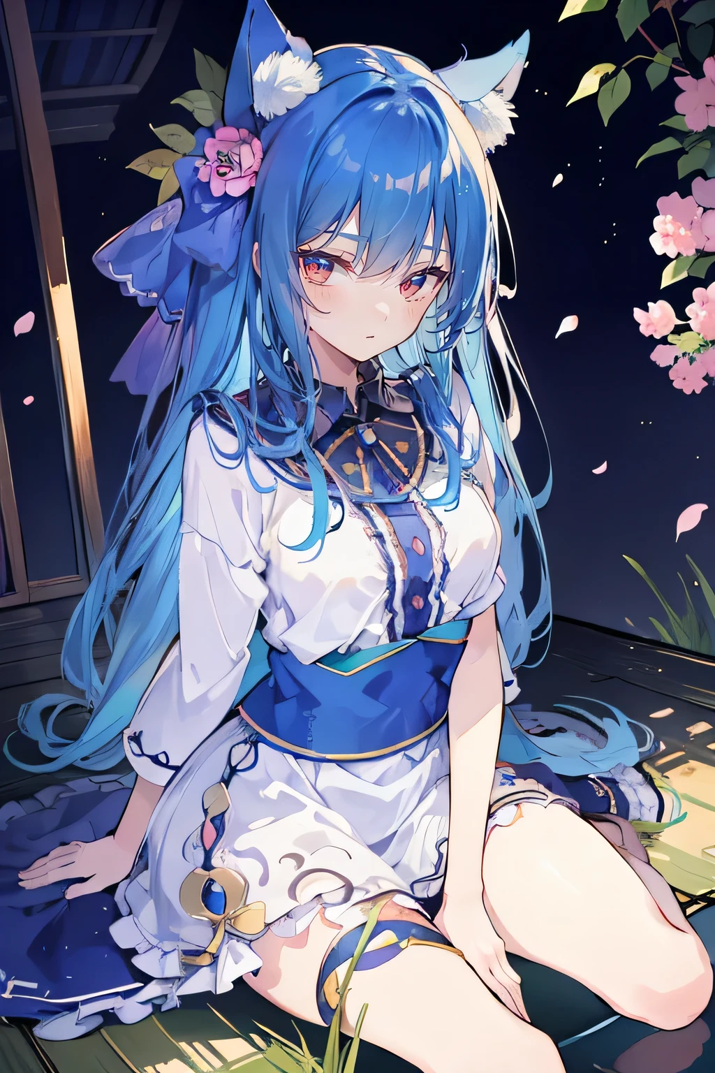 (masterpiece:1.2),ultra-detailed,realistic,expressive eyes,fair-skinned,perfectly shaped face,1girl,
Japanese cartoons,Gorgeous blue hair, flowing blue hair,floating clothes,cat ears,petals falling,beautiful Lola,Hina Angel,
hands on waist,gracefully sitting on the ground,legs crossed,gentle and serene background,cool and comfortable pavilion,night ,