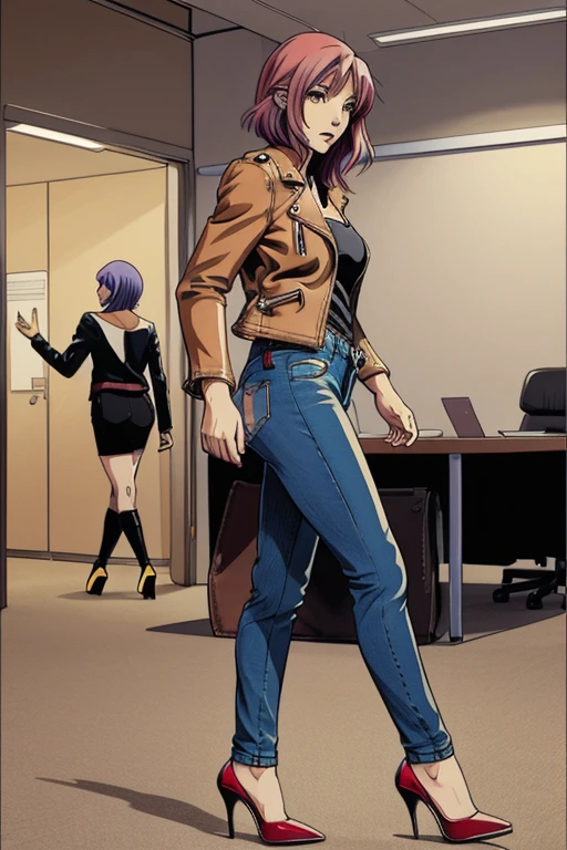vector image, 2d cartoon,masterpiece, An anime woman,colored hair,tight sexy jeans,leather jacket, heels, in office, with colleagues, heels, side view, sexy walking, full body