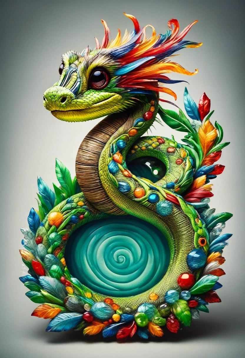 Envision a vibrant and dynamic image of Captain Brave Tail, a diminutive snake characterized by a bright green hue, This cheerful creature possesses eyes filled with twinkle and merriment, Perched atop his head is a petite captain's hat adorned with dynamic, vibrantly coloured feathers, Underneath this dapper accessory, a few fun and playful snake patterns are visible, these patterns amplify the impression that he is indeed a true, albeit unconventional, sea captain