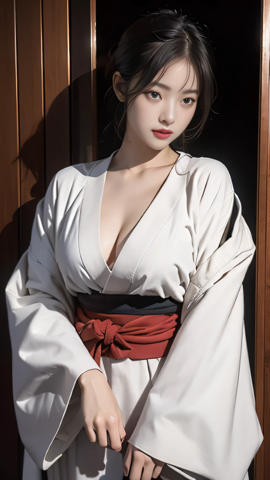 (best quality, very detailed, realistic:1.37),samurai, female, Japanesefemale, unforgettably captivating, beautiful face, whole body, beautiful bridge, Japanese sword, General, swordsman, ronin, The female is holding a large Japanese sword., Japanese Warring States Period, A little bit of cleavage is visible, Bandaged chest., big bust, sexy, from below , 