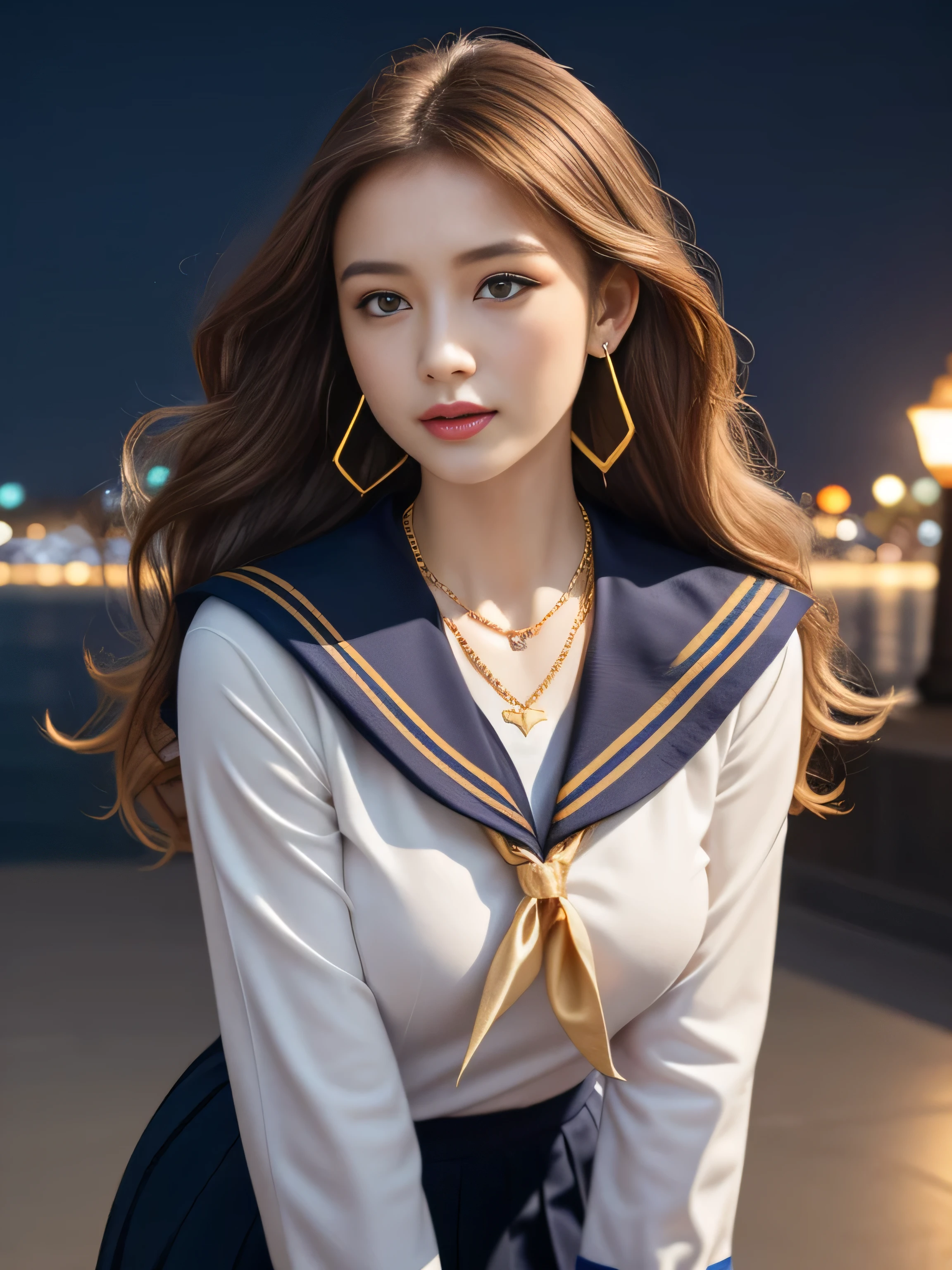 (1 girl), beautiful, Great face and eyes, Compensate, (Very detailedbeautiful顔), (Sexiest Looks), (beautiful big breasts:1.1), (highest quality:1.4), (Very detailed), (very detailed CG synthesis 8k wallpaper), Very detailed, RAW Photos, Professional photography, Outdoor, (Business district, City of night, illumination), (Near the sky), Written boundary depth,((Loosely inward wavy hair:1.2)),((Gold Necklace_Large earrings:1.2)),((Extra long brown hair:1.2))((sailor suit:1.3))