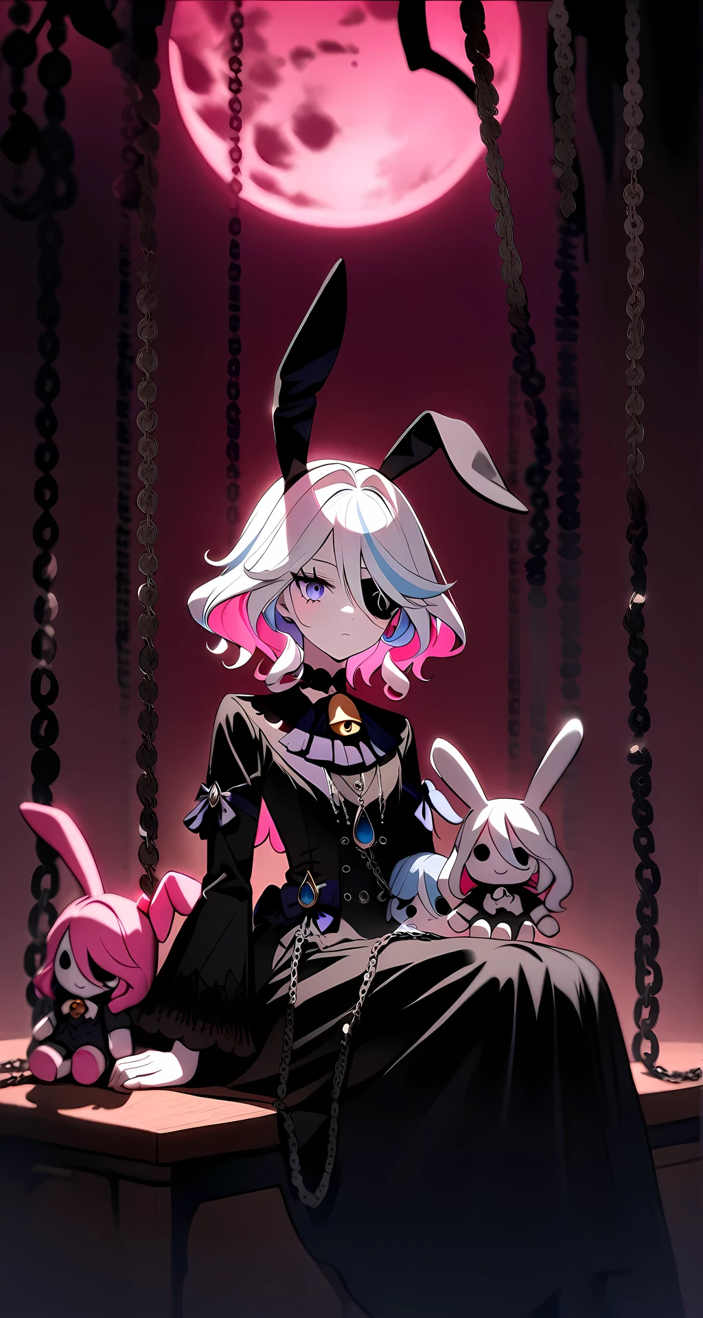 Furina, ((young girl:1.2)), ((distinctive gothic style:1.2)), ((sleek black dress:1.2)) ((intricate lace details:1.2)), ((eerie aesthetic:1.2)), look at viewer
((black dress flows around her:1.2)), ((bell-shaped sleeves:1.2)),.
((Black chocker with a pendant:1.2)), pale skin, red eyes, sitting down, ((holding creepy bunny doll:1.2)), ((eerie setting:1.2)),
((Dark bunny ears:1.2)),
((Black eye patch:1.2)), beautiful, side view, chains hanging from ceiling, glowing pink moon,
chains hanging from ceiling, glowing pink moon, Perfect hands, ,