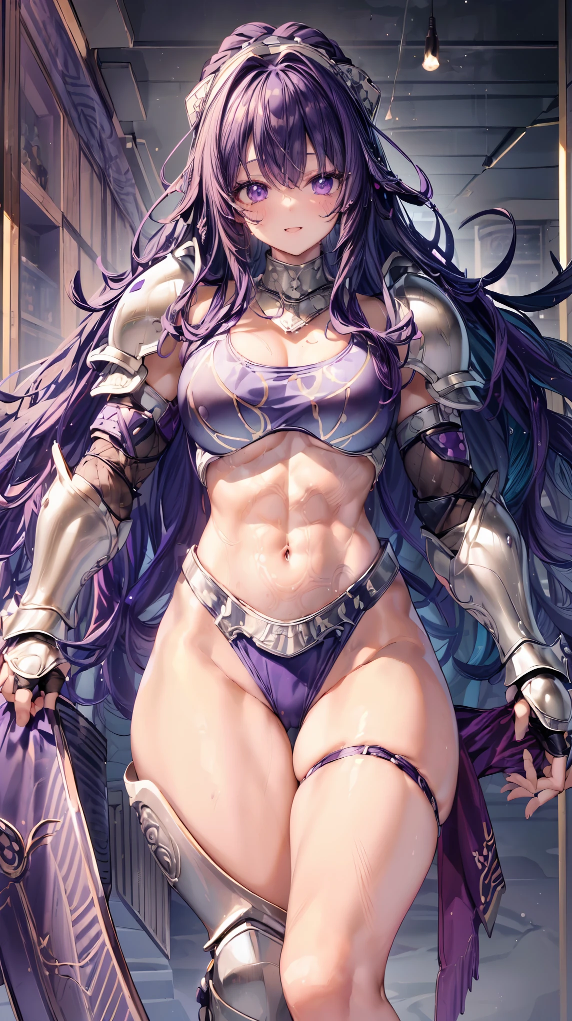 Very detailed、highest quality、Best image quality、masterpiece、8k、Anime Face、A kind smile、Open your mouth、Sparkling blue eyes、(Purple wavy hair:1.5)、、Muscles of the whole body、camisole、Thigh belt、mini skirt、(Wearing bikini armor:1.5)、(Cowboy Shot:1.5)、(Leg armor:1.5)