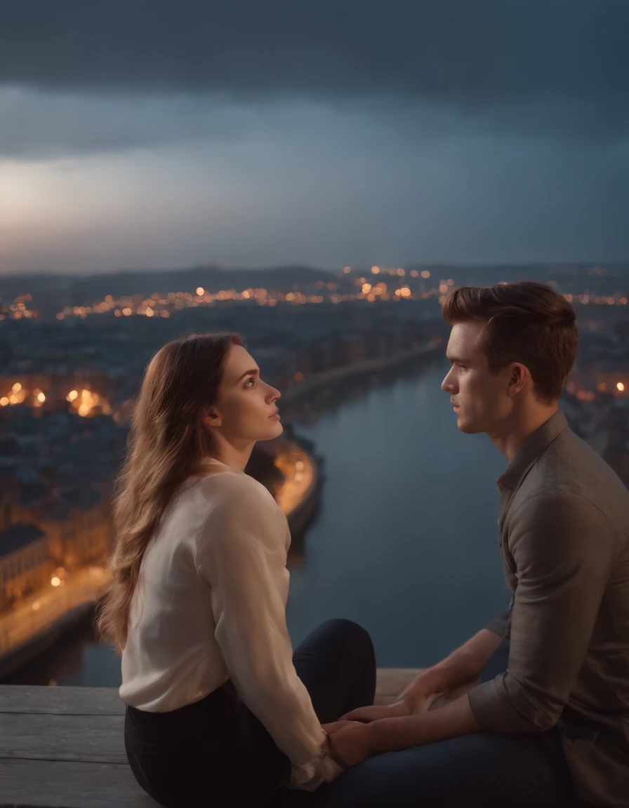 "Young woman and young man sitting on bridge, Observe breathtaking views of the burning city from above. Scenes are rendered with very realistic night vision, Create an immersive atmosphere with lightning and lightning effects. Images are top-notch quality, Boasting stunning 8K UHD graphics."