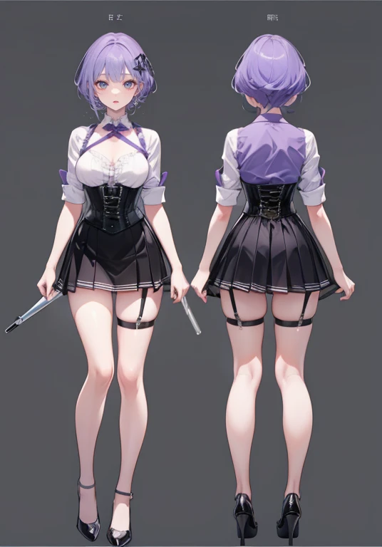 Purple Hair,Shortcuts,Adult female,(((bartender))),((Body Harness)),((Rolling up your sleevesYshirt)),(corset),mini skirt(Short skirt),((garter belt)),High heels,((Simple Background)),smile,((Full Body)),((full body)),((whole body)),Character Sheet,