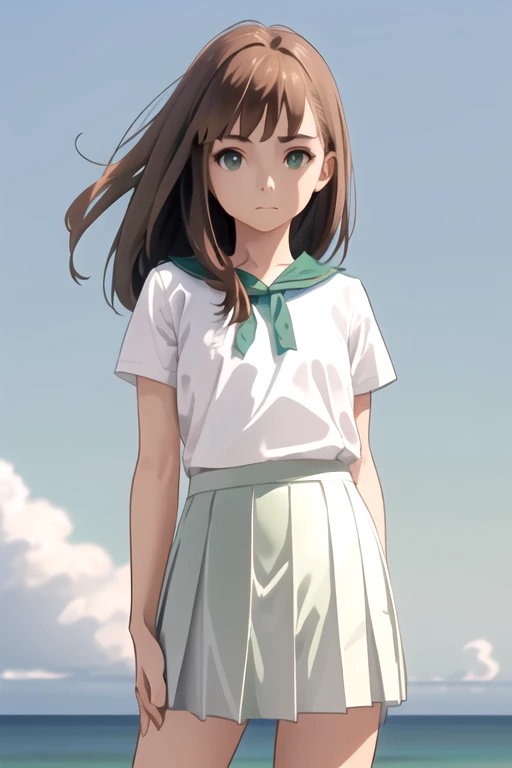 1girl, solo, standing upright, (from front:2), medium brown hair,  closed mouth, small breasts, flat chest, arms behind back, white shirt, (sea-green skirt), pleated skirt, blue sky,